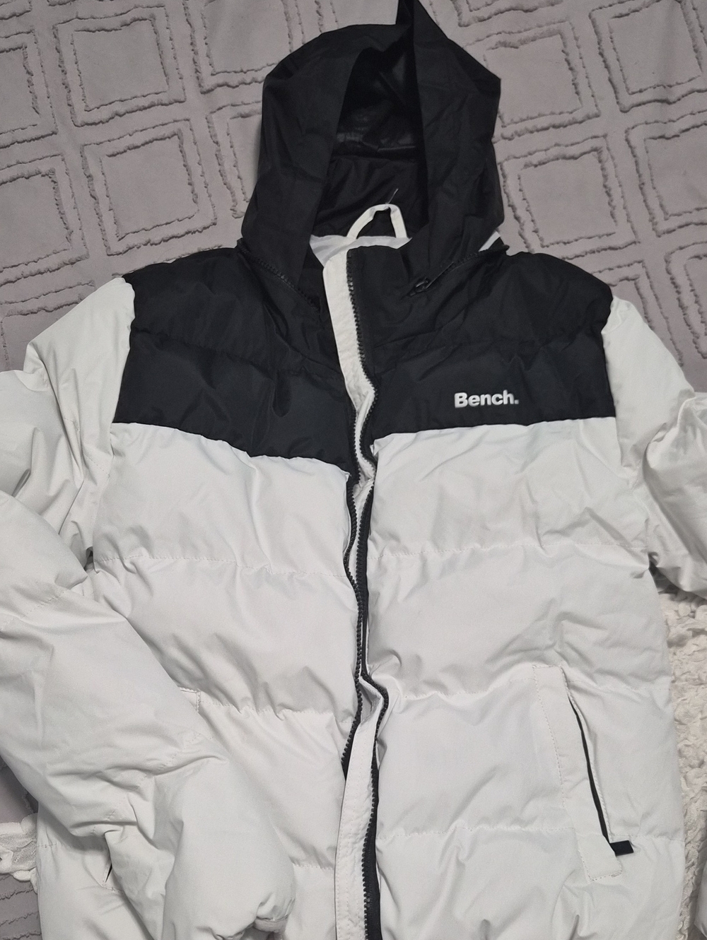 Bench Black and White Hooded Colorblock Puffer Jacket